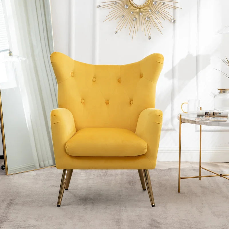 Yellow 30.25 Velvet Button Tufted Accent Chair with Gold Legs