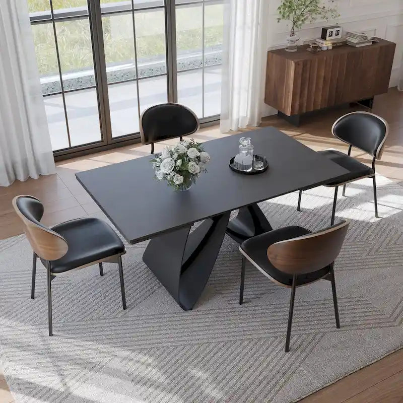 63-94Modern Extendable Dining Table for 6-10, Matte Black Kitchen Table with Black Carbon Steel Legs