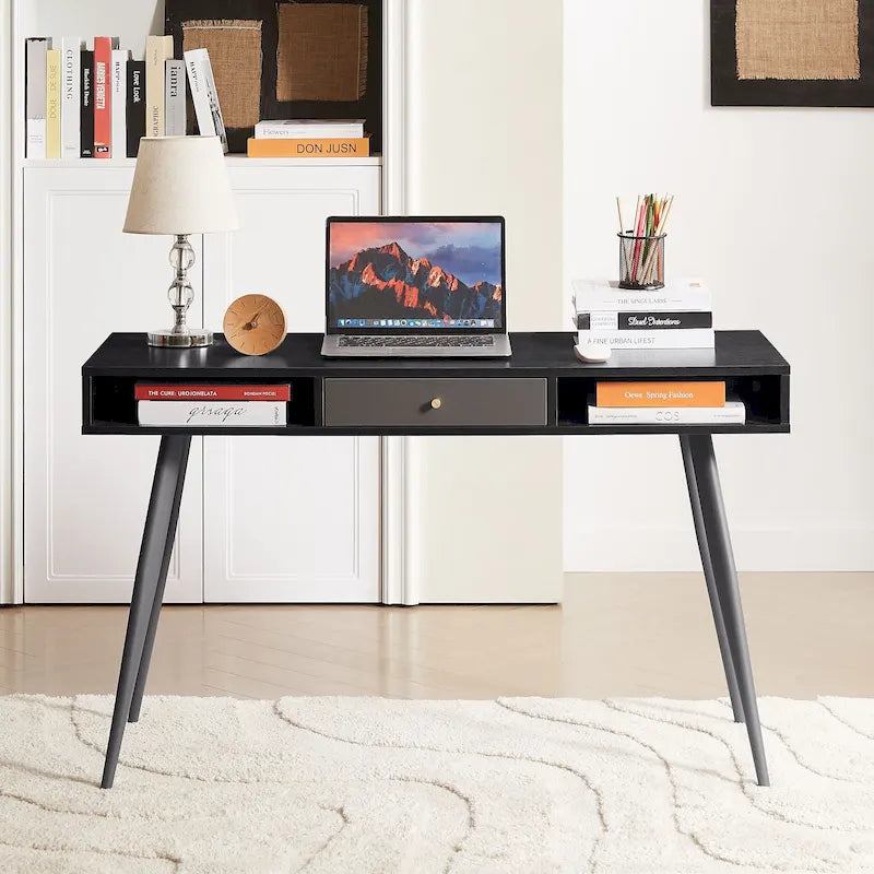 Mid Century Desk with USB Ports and Power Outlet, Modern Writing Study Desk with Drawers,Home Office Computer Desk