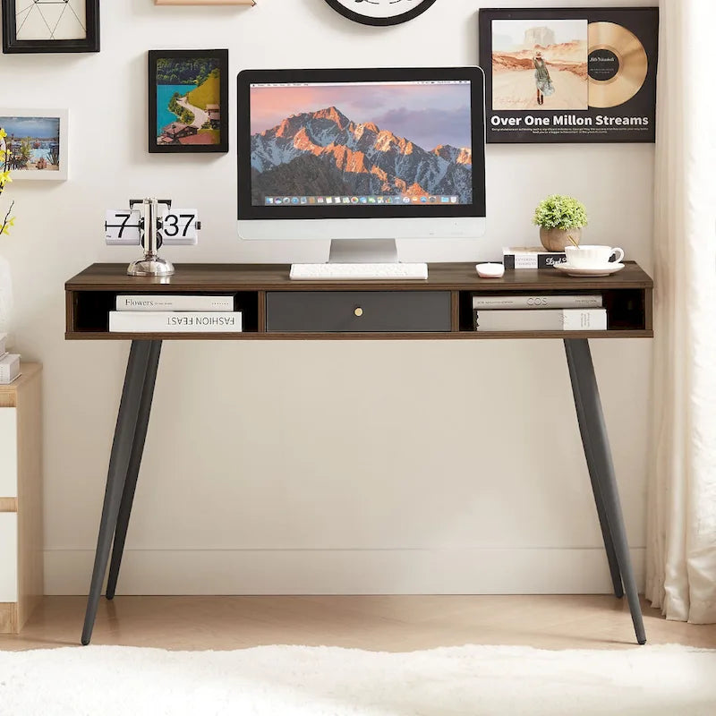 Mid Century Desk with USB Ports and Power Outlet, Modern Writing Study Desk with Drawers,Home Office Computer Desk