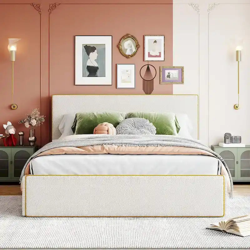 Comfy Queen Size Upholstered Platform Bed with 4 Drawers Ample Storage & Headboard, Footboard & Hidden Both Sides Drawers