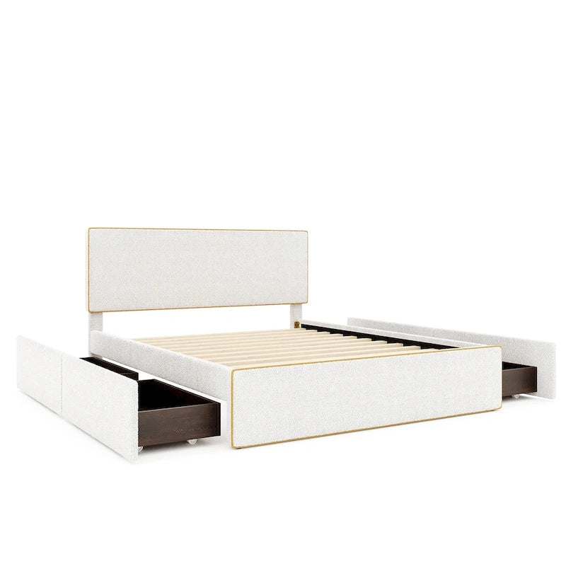 Comfy Queen Size Upholstered Platform Bed with 4 Drawers Ample Storage & Headboard, Footboard & Hidden Both Sides Drawers