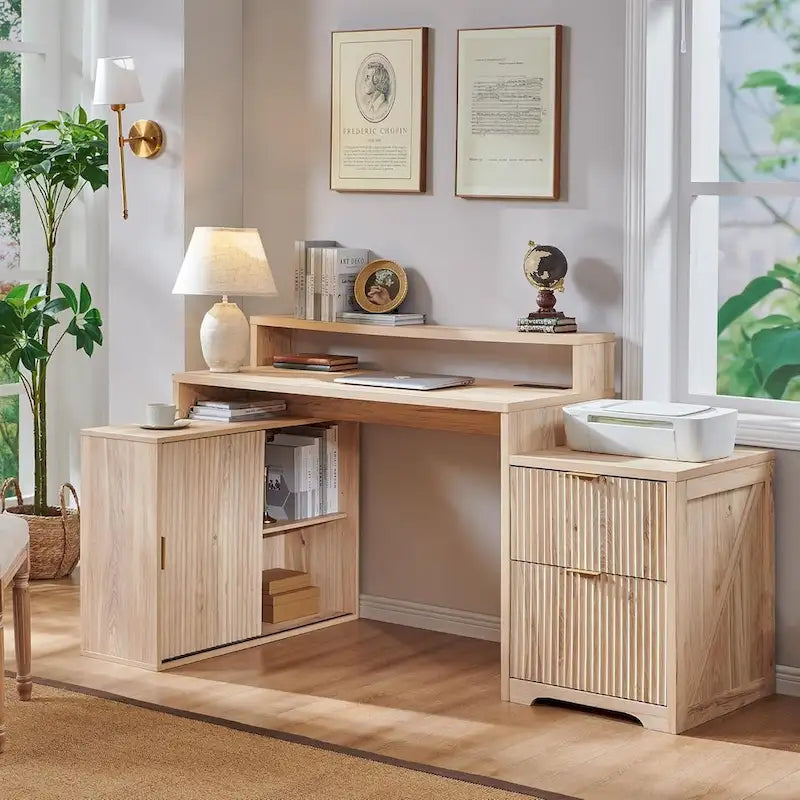 67 Modern L Shaped Desk, Wood Home Office Desk with Charging Station