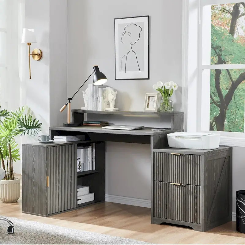 67 Modern L Shaped Desk, Wood Home Office Desk with Charging Station