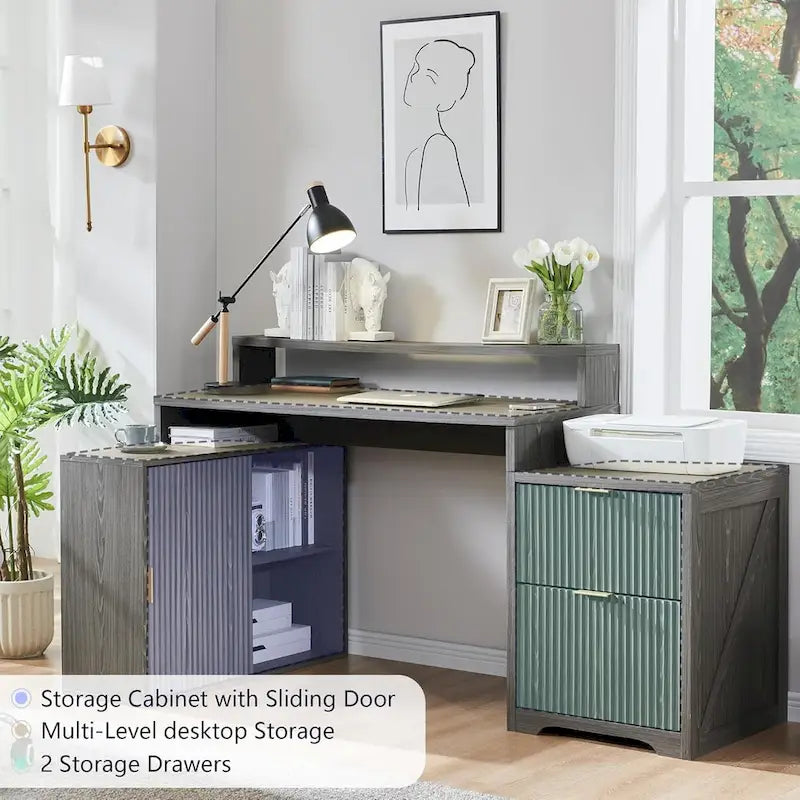 67 Modern L Shaped Desk, Wood Home Office Desk with Charging Station
