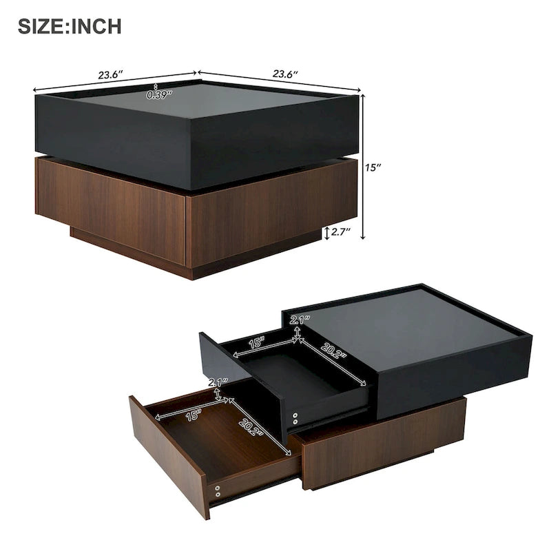 Multifunctional Square 360 Rotating Coffee Table 2-Tier Center Table with 2 Drawers and Rotating Tabletop, for Living Room