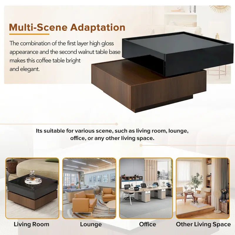 Multifunctional Square 360 Rotating Coffee Table 2-Tier Center Table with 2 Drawers and Rotating Tabletop, for Living Room