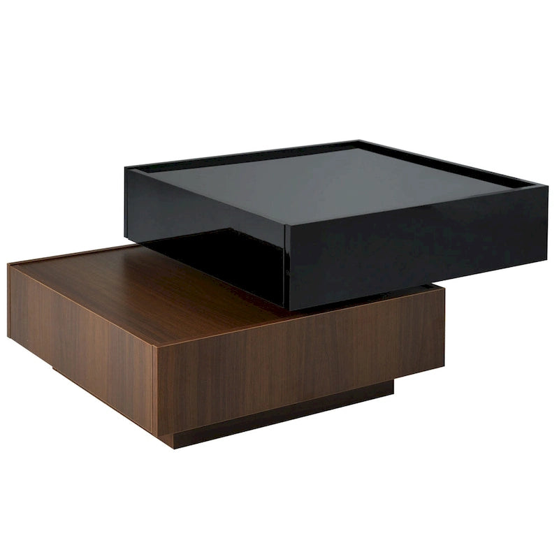 Multifunctional Square 360 Rotating Coffee Table 2-Tier Center Table with 2 Drawers and Rotating Tabletop, for Living Room