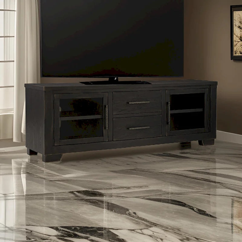 Galli Large TV Media Console, 2 Drawers, 4 Shelf, Black Wood, 80 Inch