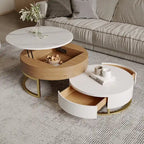 Round Coffee Table White with Storage Lift-Top Wood Coffee Table Lifts up with Rotatable Drawers White Natural