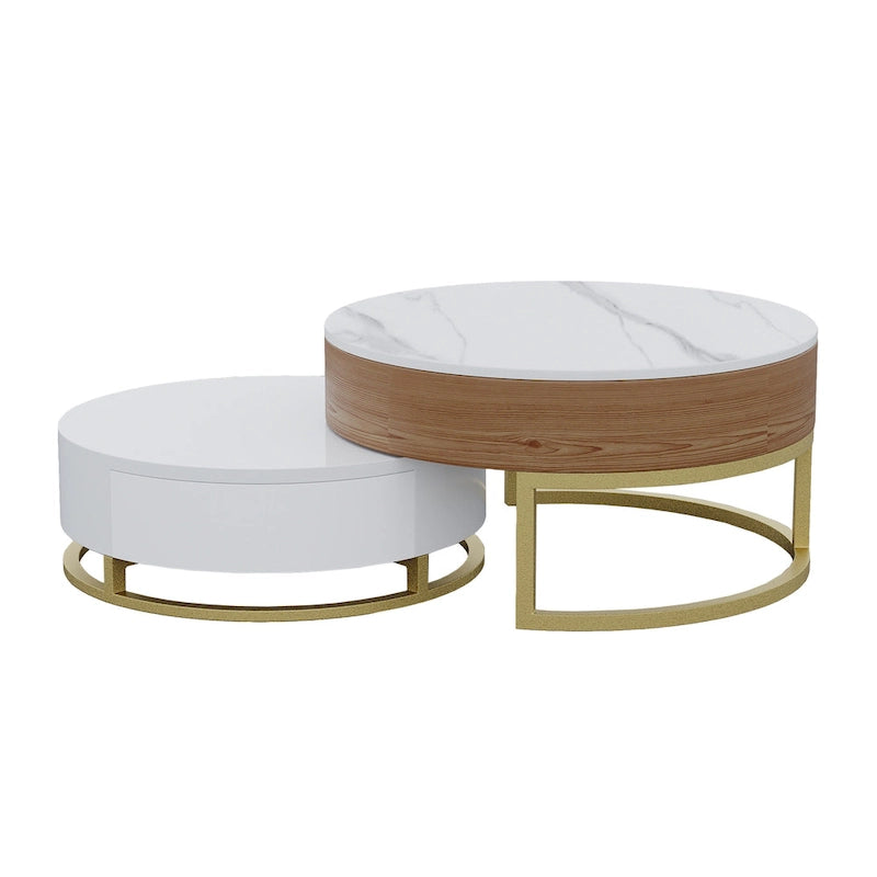 Round Coffee Table White with Storage Lift-Top Wood Coffee Table Lifts up with Rotatable Drawers White Natural
