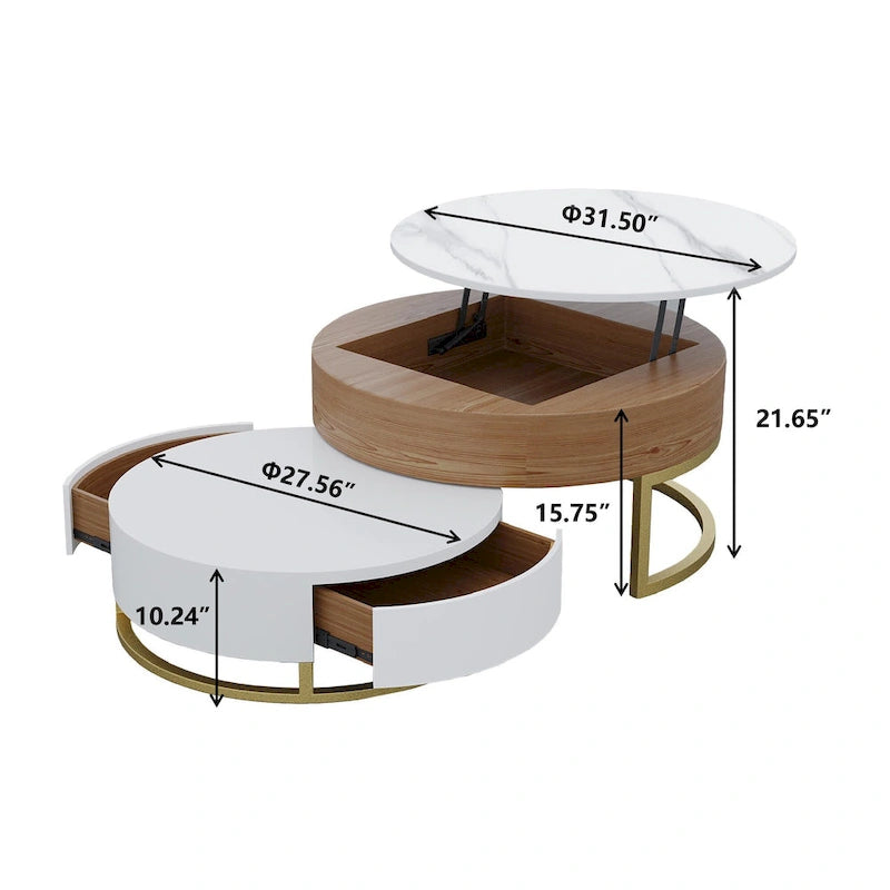 Round Coffee Table White with Storage Lift-Top Wood Coffee Table Lifts up with Rotatable Drawers White Natural