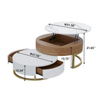 Round Coffee Table White with Storage Lift-Top Wood Coffee Table Lifts up with Rotatable Drawers White Natural