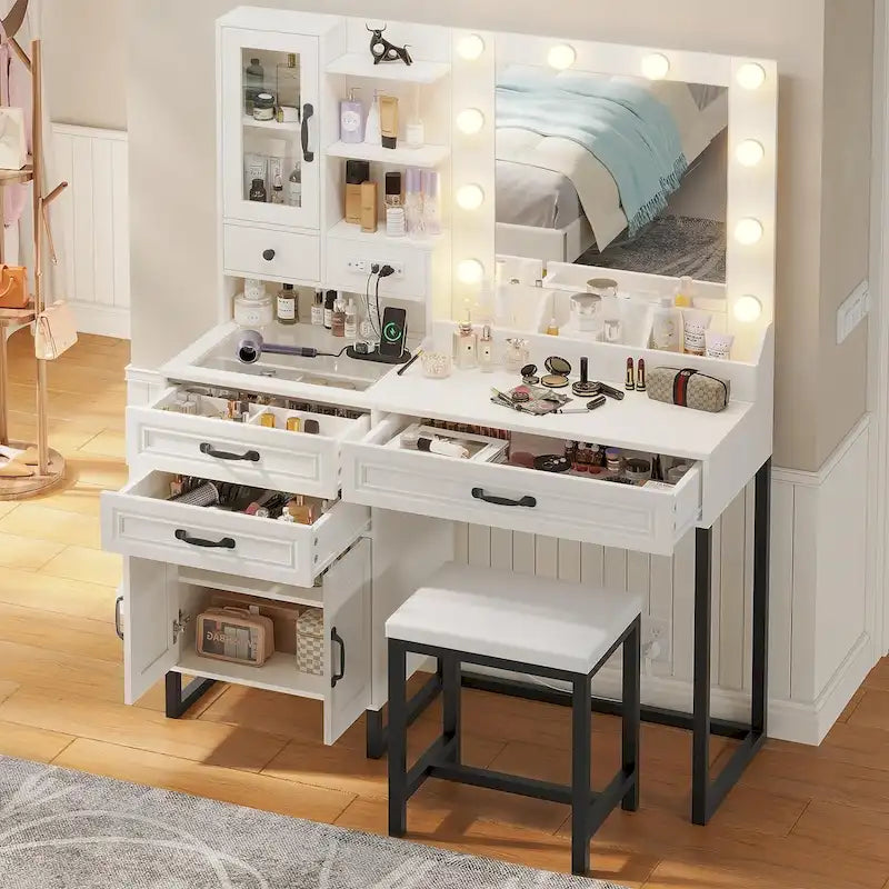 Vanity Desk Set 10 Hollywood Lights Mirror Bench Charging Station