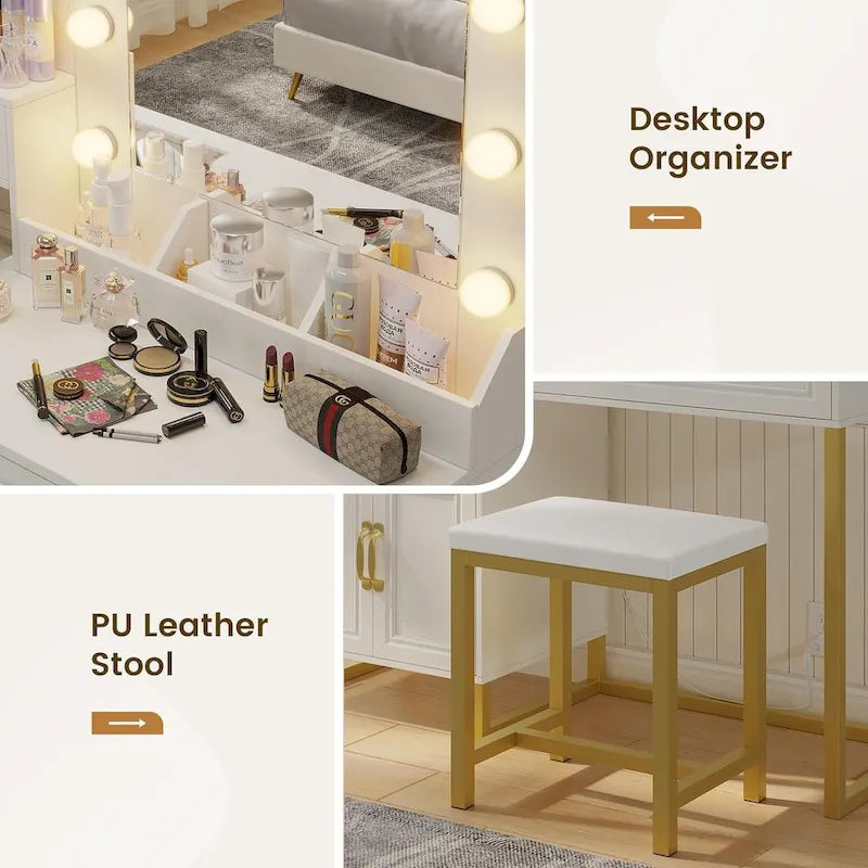 Vanity Desk Set 10 Hollywood Lights Mirror Bench Charging Station
