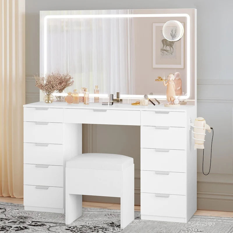 Makeup Vanity Table Set with Large LED Lighted Mirror and 11 Drawers - 46L*11.7W*55.9H