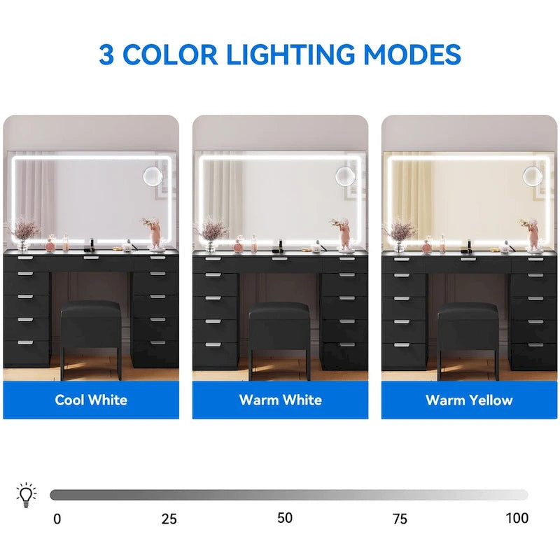 Makeup Vanity Table Set with Large LED Lighted Mirror and 11 Drawers - 46L*11.7W*55.9H
