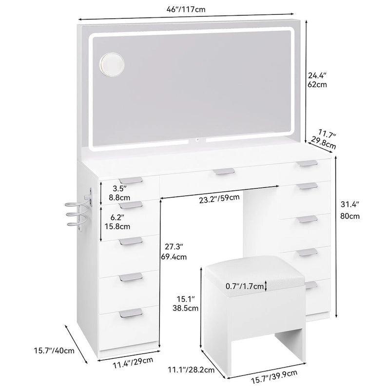 Makeup Vanity Table Set with Large LED Lighted Mirror and 11 Drawers - 46L*11.7W*55.9H