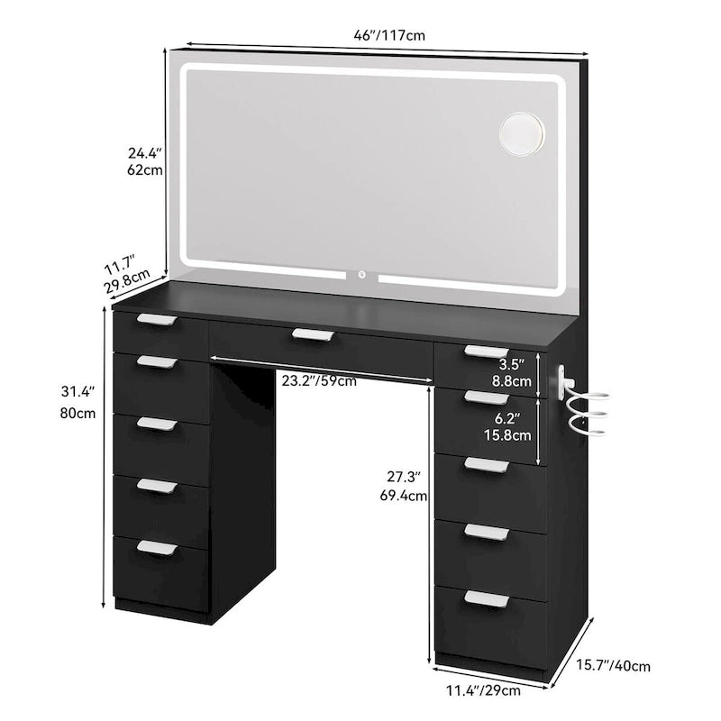 Makeup Vanity Table Set with Large LED Lighted Mirror and 11 Drawers - 46L*11.7W*55.9H