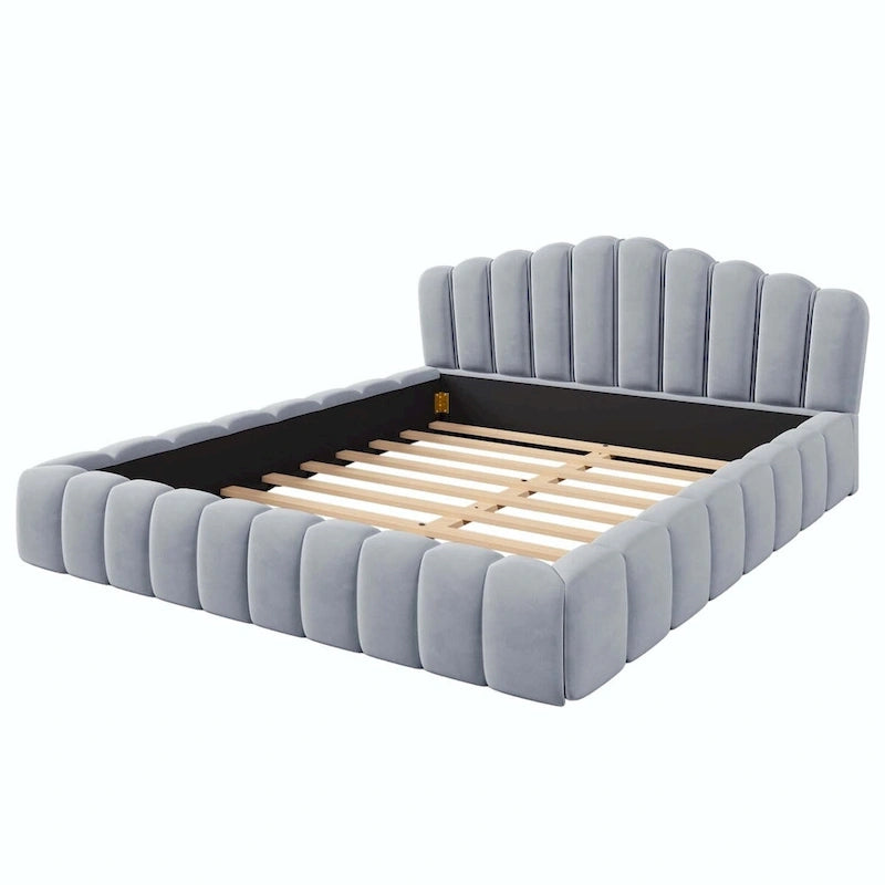 Velvet Upholstered Queen Bed Frame Shell-Shaped Headboard for Bedroom