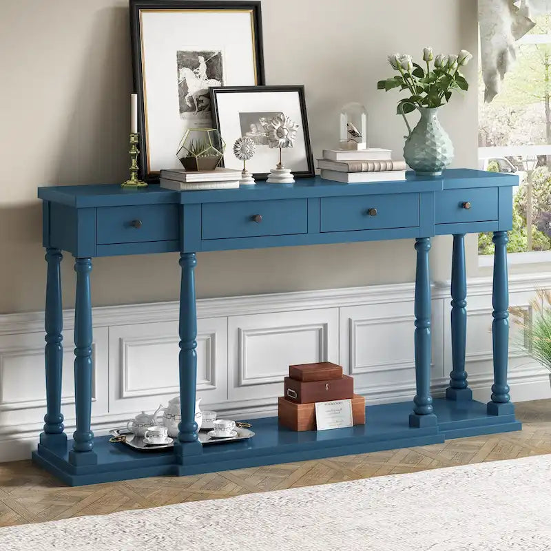 Retro Senior Console Table for Hallway Living Room Bedroom with 4 Front Facing Storage Drawers and 1 Shelf