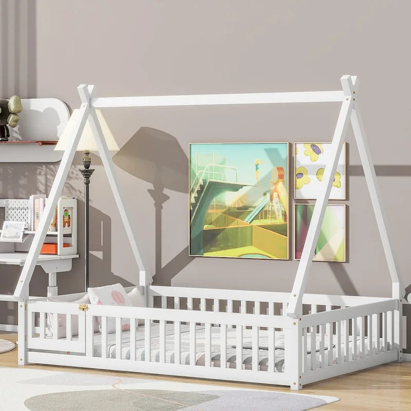 Full Size Tent-shaped Floor Bed with Guardrails, Slats, and Door