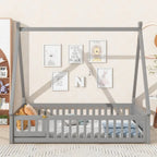 Full Size Tent-shaped Floor Bed with Guardrails, Slats, and Door