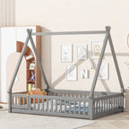 Full Size Tent-shaped Floor Bed with Guardrails, Slats, and Door