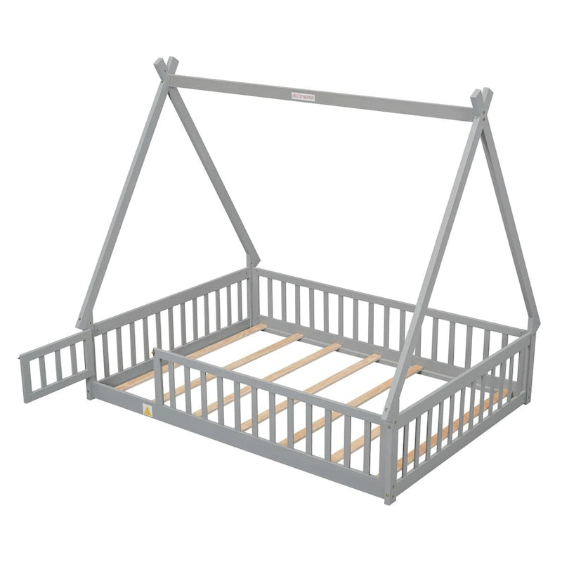 Full Size Tent-shaped Floor Bed with Guardrails, Slats, and Door
