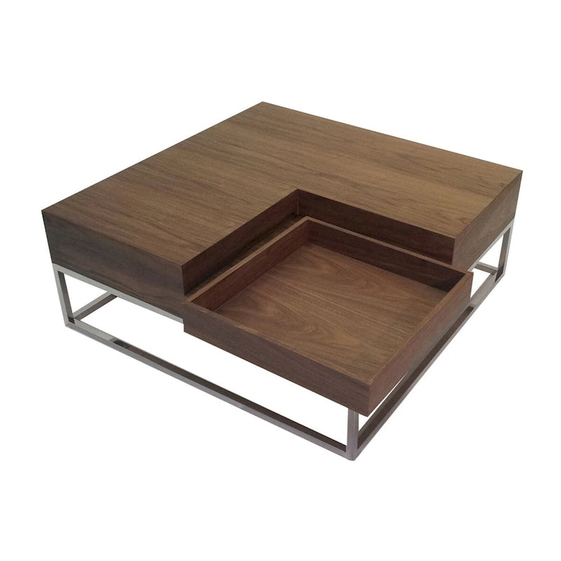 Rina 35 Inch Coffee Table, Removable Square Wood Tray, Storage, Steel Base