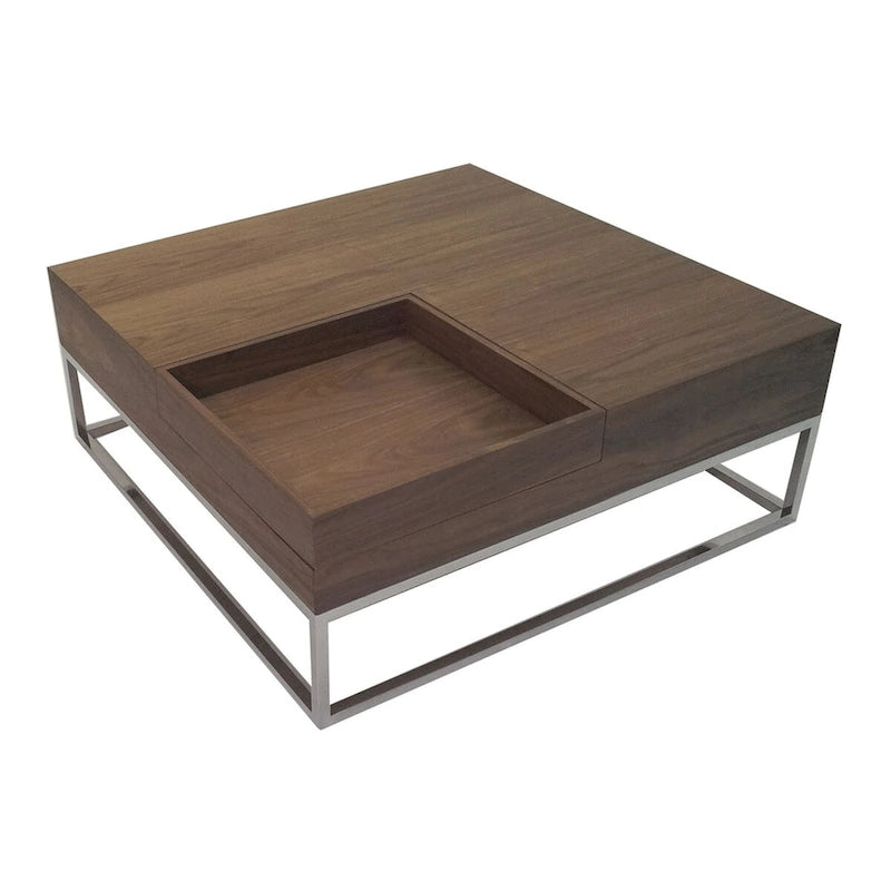 Rina 35 Inch Coffee Table, Removable Square Wood Tray, Storage, Steel Base