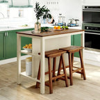 3-piece 45 Kitchen Island Set with 2 Seatings, Rubber Wood Butcher Block Dining Table Set Prep Table Set with 2 Open Shelves