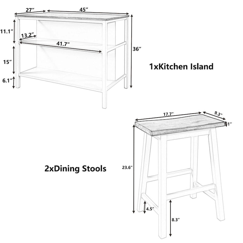 3-piece 45 Kitchen Island Set with 2 Seatings, Rubber Wood Butcher Block Dining Table Set Prep Table Set with 2 Open Shelves