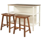3-piece 45 Kitchen Island Set with 2 Seatings, Rubber Wood Butcher Block Dining Table Set Prep Table Set with 2 Open Shelves