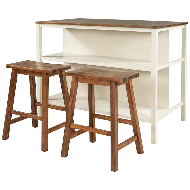 3-piece 45 Kitchen Island Set with 2 Seatings, Rubber Wood Butcher Block Dining Table Set Prep Table Set with 2 Open Shelves