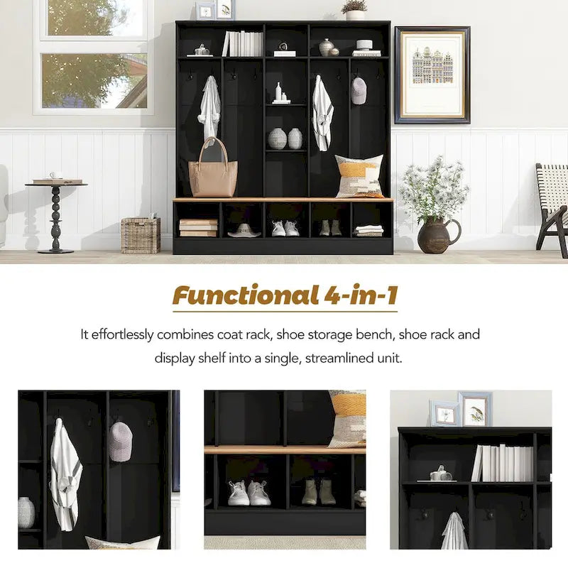 Wide Design Hall Tree with Storage Bench,Multifunctional Coat Rack with 8 Hooks for Entryways, Mudroom